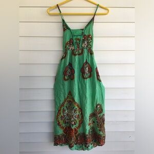 Festive Fusion Pass The Knees Flowing w/Shimmering Green Sequins Dress Size Lg